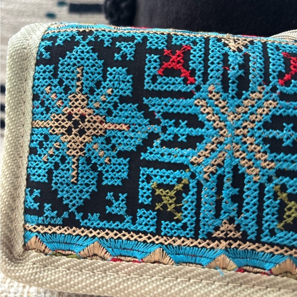 Embroidered Multipurpose Clutch Bag - Blue and Tan - Picture 2 of 15